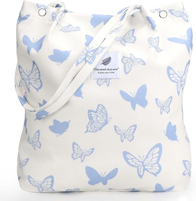 Blue Butterfly Corduroy Shoulder Bag Reusable Shopping Bags Casual Tote