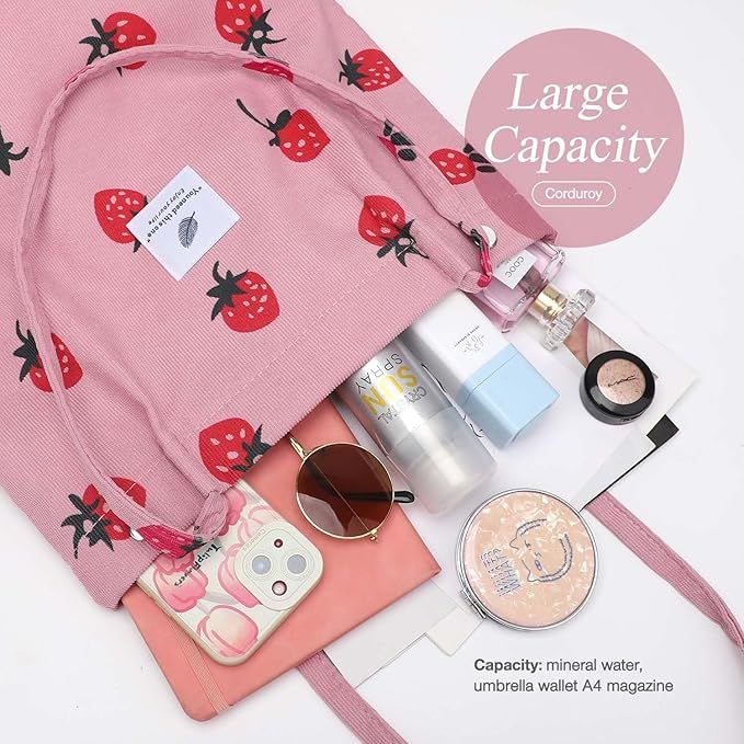 Pink Strawberry Corduroy Shoulder Bag Reusable Shopping Bags Casual Tote