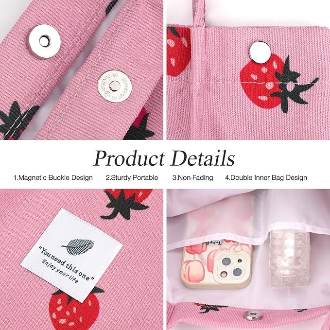 Pink Strawberry Corduroy Shoulder Bag Reusable Shopping Bags Casual Tote