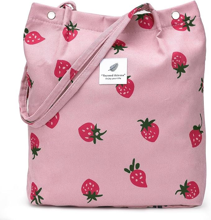 Pink Strawberry Corduroy Shoulder Bag Reusable Shopping Bags Casual Tote