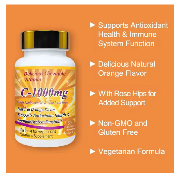 Natural Organic Ascorbic Acid Vegan Chewable Vitamin C Tablets Immune-boosting&antioxidant Tablets Vitamin C 1000mg Tablets for Skin Whitening Chewable Orange Flavor skin Whitening Tablets