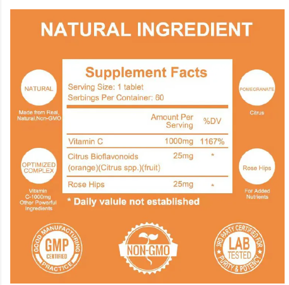 Natural Organic Ascorbic Acid Vegan Chewable Vitamin C Tablets Immune-boosting&antioxidant Tablets Vitamin C 1000mg Tablets for Skin Whitening Chewable Orange Flavor skin Whitening Tablets