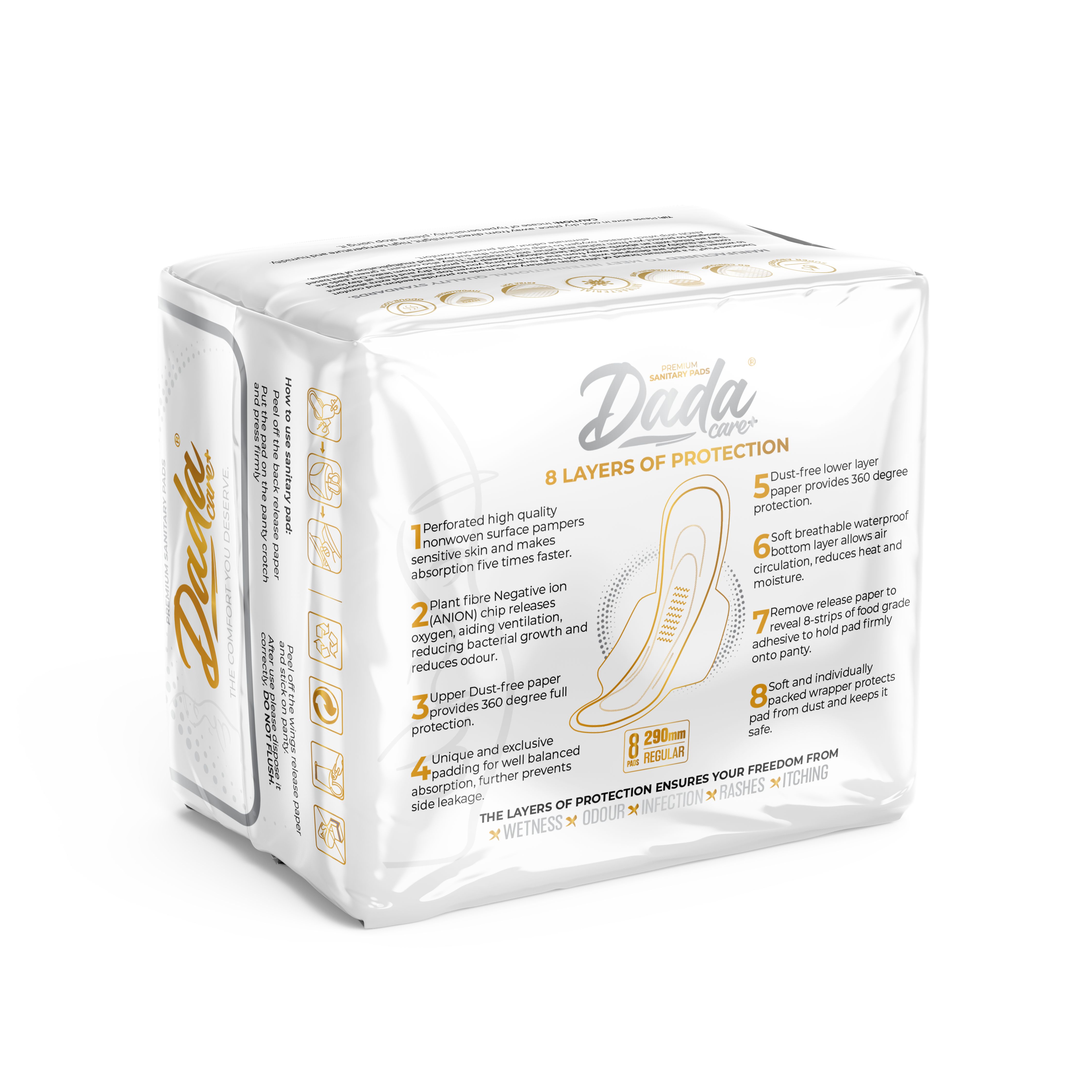 DADACARE PREMIUM SANITARY PADS For Women - Ultra-Thin, Super Absorbent, Leak-Proof, No Odur Feminine Hygiene Pads with Wings - Comfortable Day & Night Protection - 290MM - 12 PACK