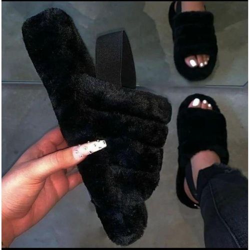 Sandal Slipper fashion open toe faux fur fluffy slippers sliders with elastic strap