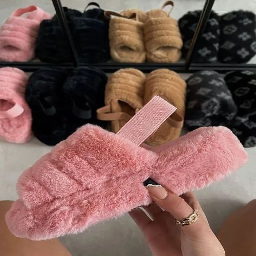 Sandal Slipper fashion open toe faux fur fluffy slippers sliders with elastic strap