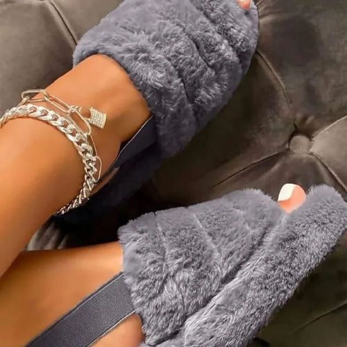 Sandal Slipper fashion open toe faux fur fluffy slippers sliders with elastic strap