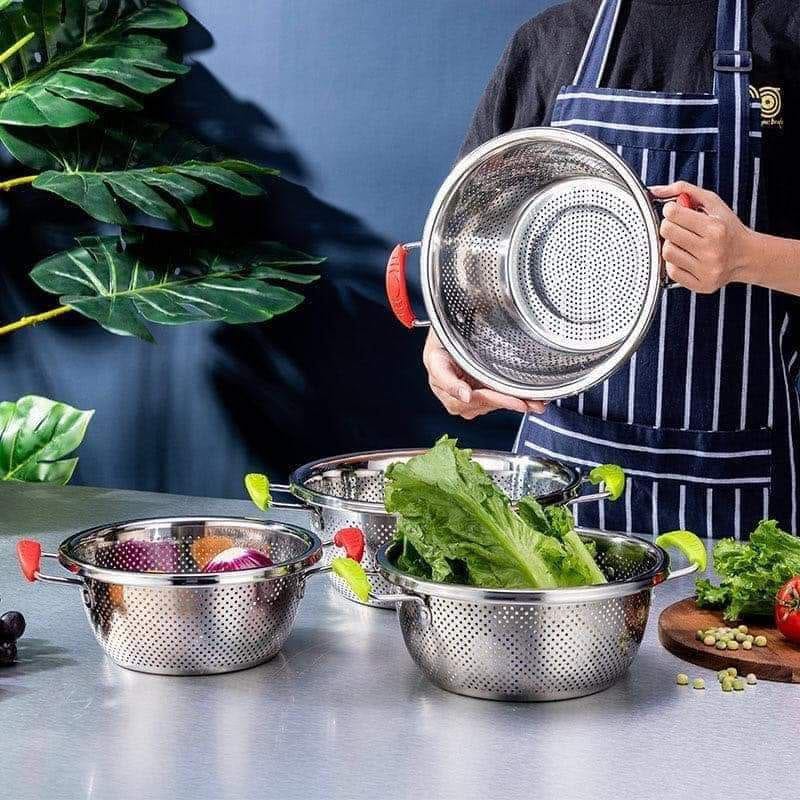 32cm Stainless Steel Drainer/Rice Strainer with Handles for Fruits and Vegetables.Stainless Steel Rice Drainer /Pasta Flour Sifter Chips Basket Sieve Colander