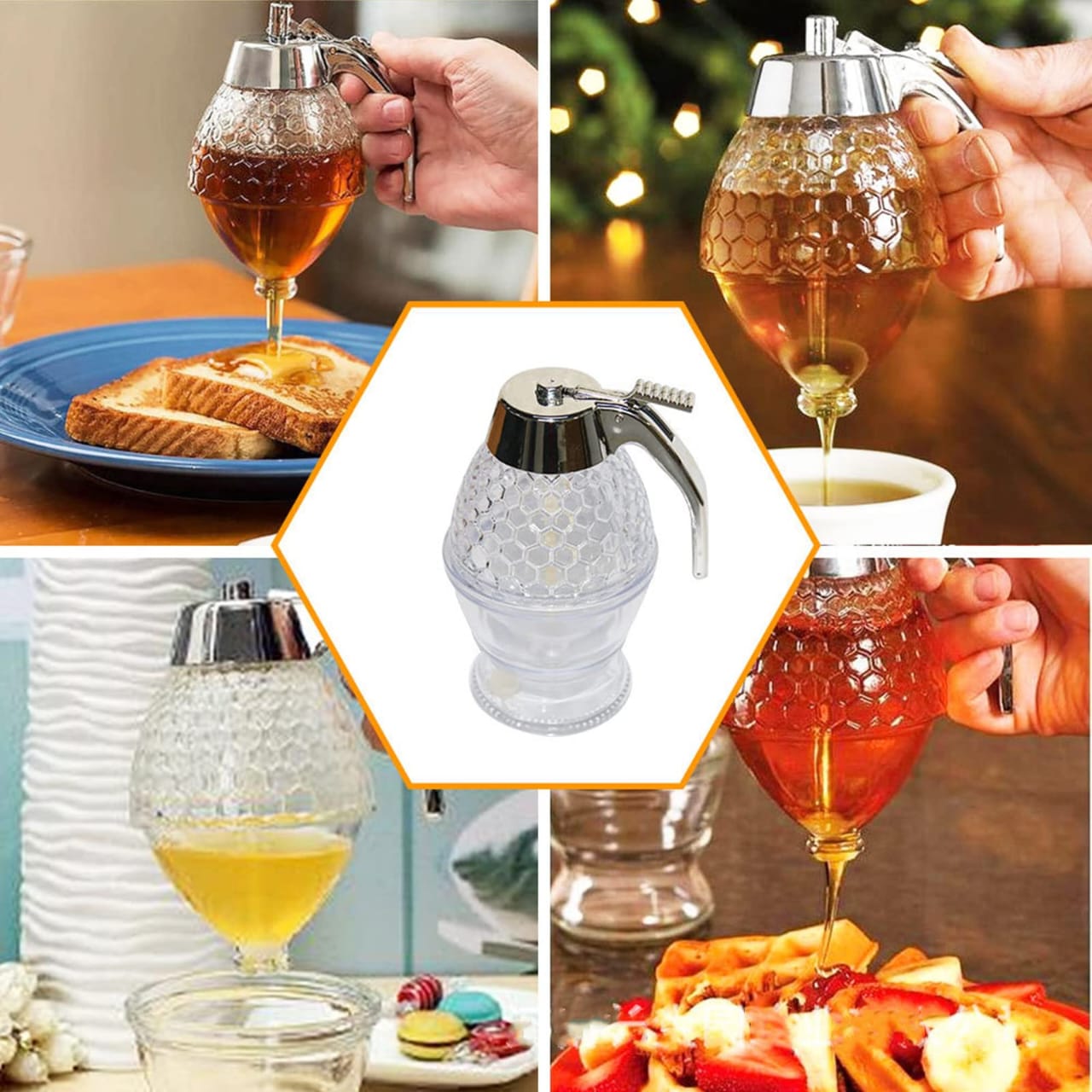 Honey dispenser no drip acrylic(ABS) with stand, Honey jar with dipper, Maple syrup dispenser for Syrup, Sugar, Sauces, Condiments(200ML)
