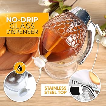 Honey dispenser no drip acrylic(ABS) with stand, Honey jar with dipper, Maple syrup dispenser for Syrup, Sugar, Sauces, Condiments(200ML)