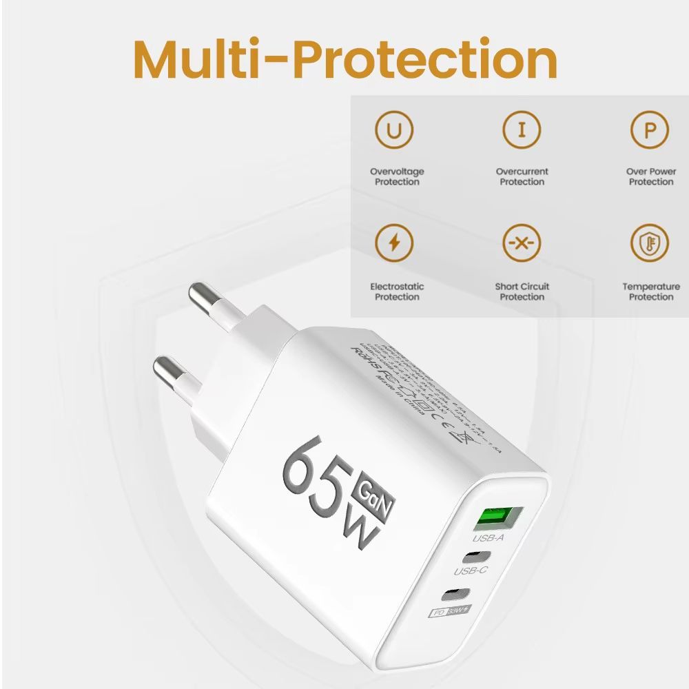 65W PD USB GaN Charger 3 Ports Fast Charging Mobile Phone Charger Wall Adapter For IPhone15 Samsung Xiaomi Redmi EU/US/UK Plug