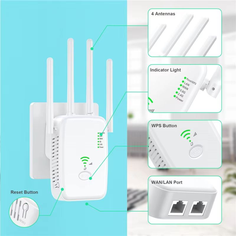 1200Mbps WiFi Repeater Wireless Extender WiFi Booster 5G 2.4G Dual-band Network Amplifier Long Range Signal WiFi Router Home