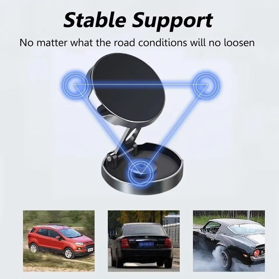 Car Mobile Phone Stand 720 Degree Rotation Metal Magnetic Suction Foldable Round Bracket Support for Universal Phones Holder