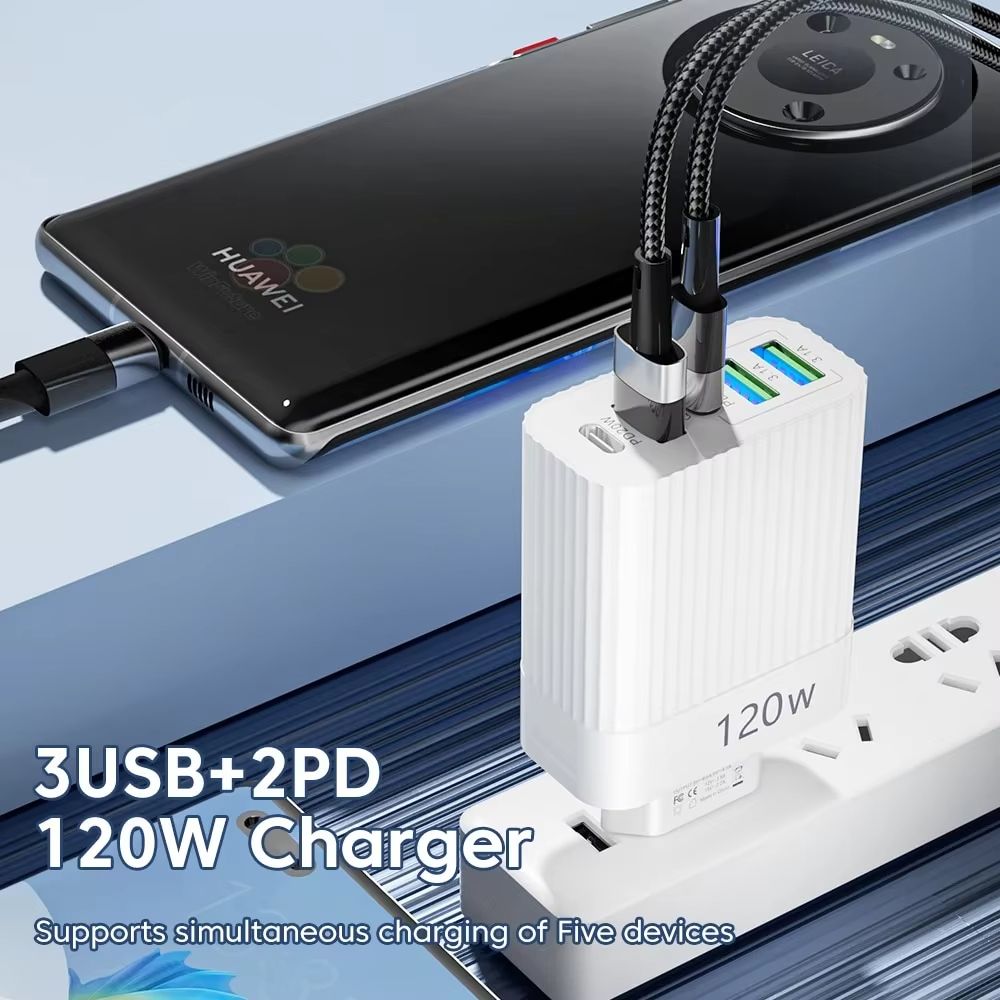 120W GaN Fast Charger Head Ultra Charger 5port 3 USB 2 Type C PD 20W Charger Quick High Speed Charging For iPhone Xiaomi Samsung