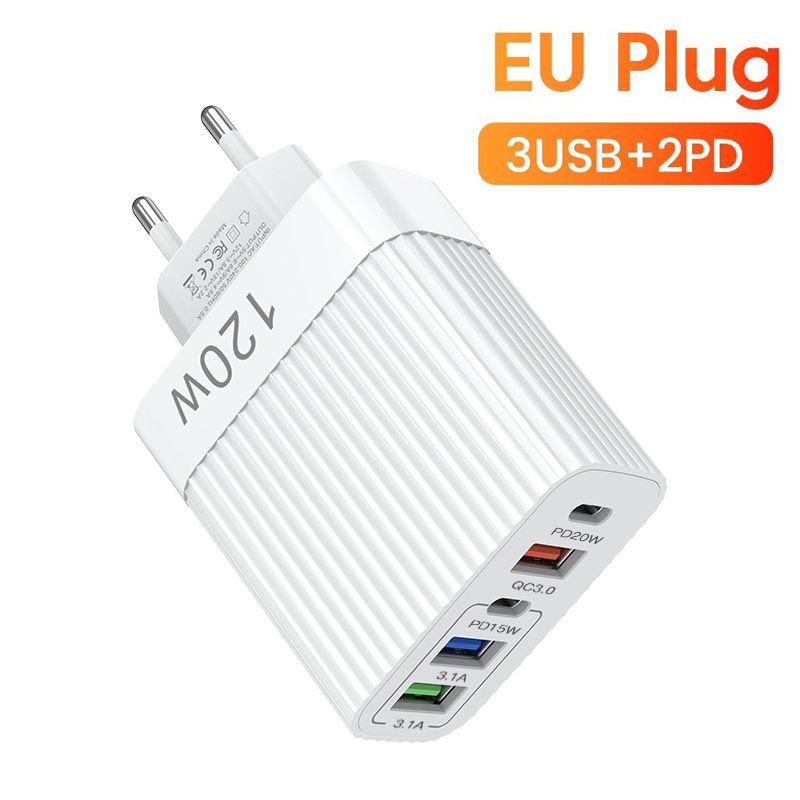 120W GaN Fast Charger Head Ultra Charger 5port 3 USB 2 Type C PD 20W Charger Quick High Speed Charging For iPhone Xiaomi Samsung