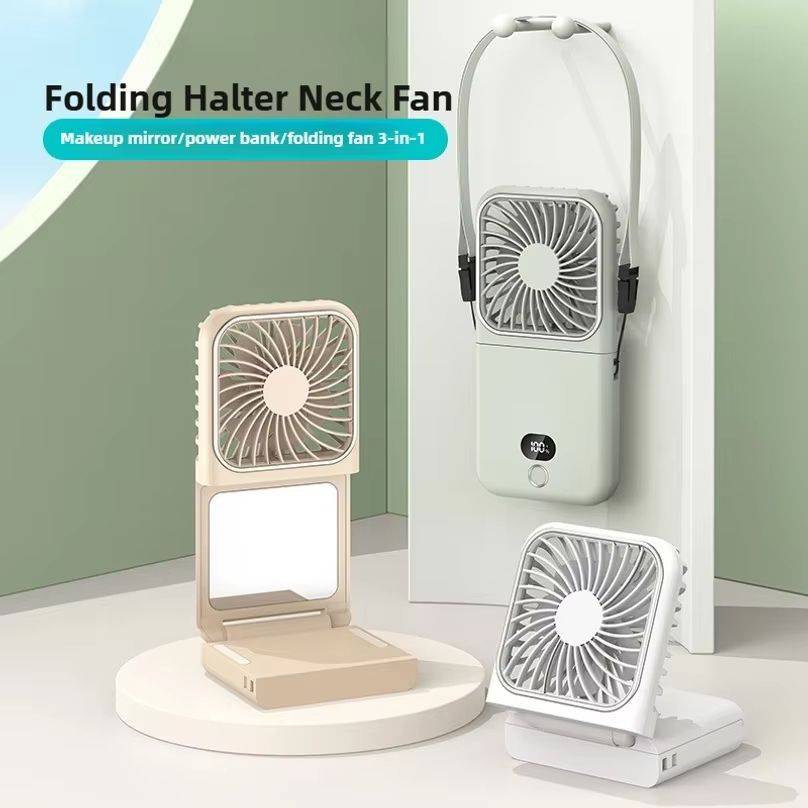 USB Folding Neck Hanging Fan Portable USB Charging Desktop Stand Makeup Mirror Handheld Neck Hanging Small Fan Outdoor Travel