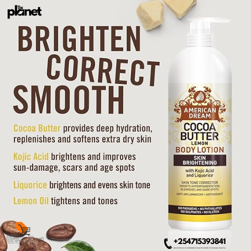 Lemon Cocoa Body Brightening Lotion
American Dream Skin Fade & Glow Lotion
Cocoa Butter with Lemon Cream for Dark Spots
Moisturizing Skin Lightening Body Combo
Natural Glow Skin Corrector Lotion