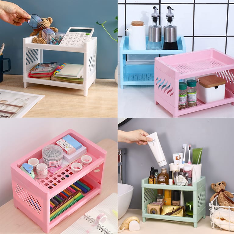 offer offer !! Stylish Plastic 2-Layer Desktop Organizer Rack – Durable Detachable Countertop Storage Tray for Daily Home & Office Organization
