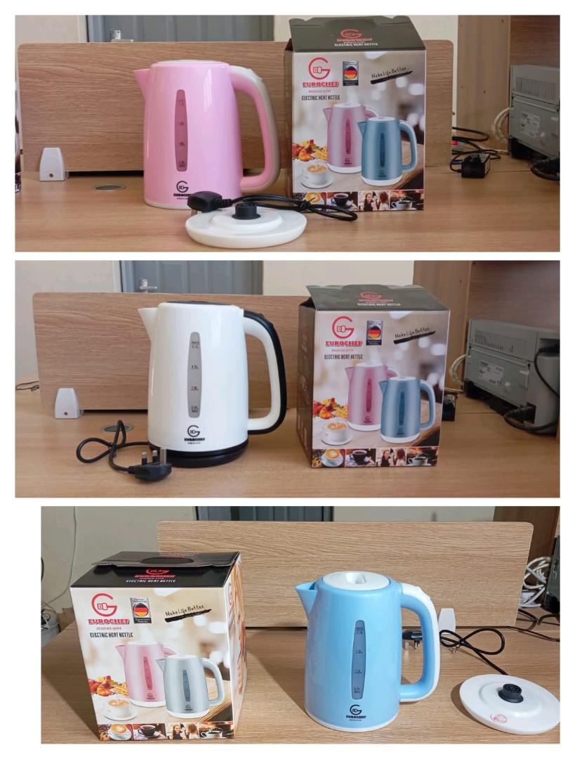 Eurochef Electric Kettle. 

It has a 2.3-liter capacity.

The kettle operates at 1500 Watts.

It features automatic switch-off for safety.

The kettle is cordless and designed with a 360-degree rotati