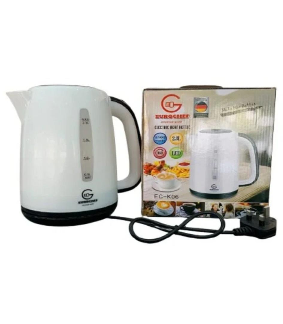 Eurochef Electric Kettle. 

It has a 2.3-liter capacity.

The kettle operates at 1500 Watts.

It features automatic switch-off for safety.

The kettle is cordless and designed with a 360-degree rotati