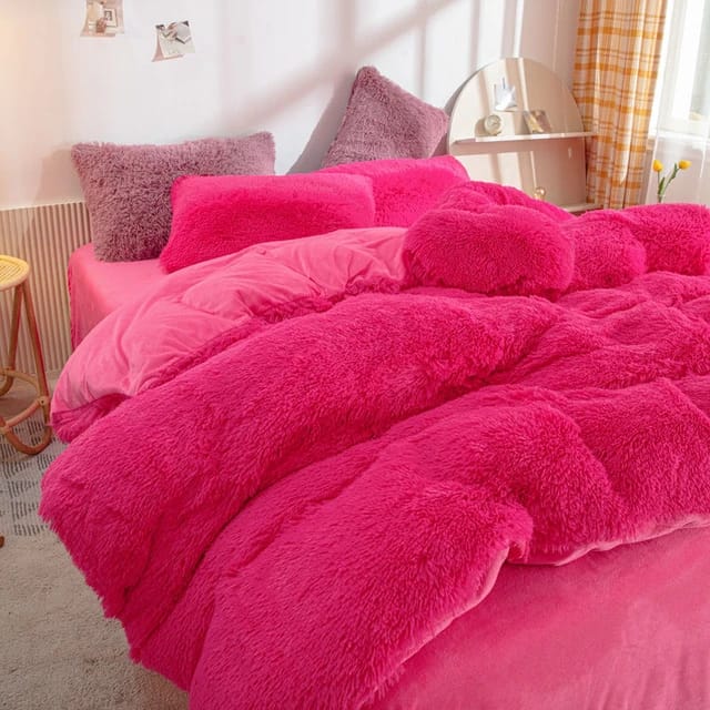 High quality Modern Collection 6PCS Luxury Fluffy Faux Fur Duvet Set, (1 Print Shaggy Duvet+4 Furry Pillow Cases And 1Fleece Bed Sheet)Bedding Set, Zipper Closure