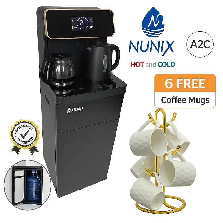 {PROMOTION} Nunix A2C Bottom Load Water Dispenser with Coffee Maker, Hot & Cold, LED Panel + FREE 6-Piece White Tea Mugs | Limited Time Deal | Stylish, Durable, 1-Year Warranty