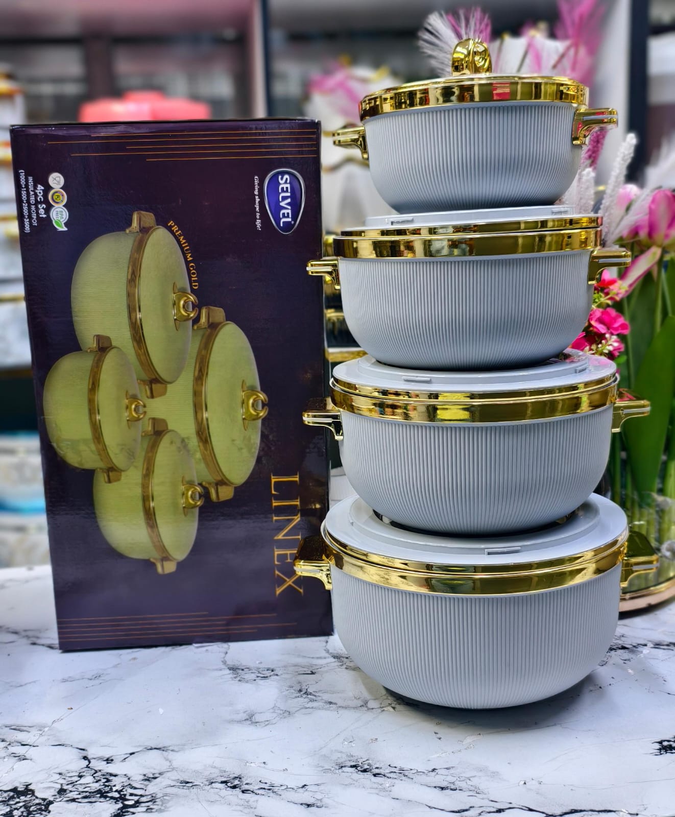 NEW ARRIVAL! Linex 4-Piece Insulated Hotpots with Gold Rim—Premium Double-Wall Thermal Cook & Serve Set | Keeps Food Warm, Stylish Design & Dishwasher-Safe ✨🍲