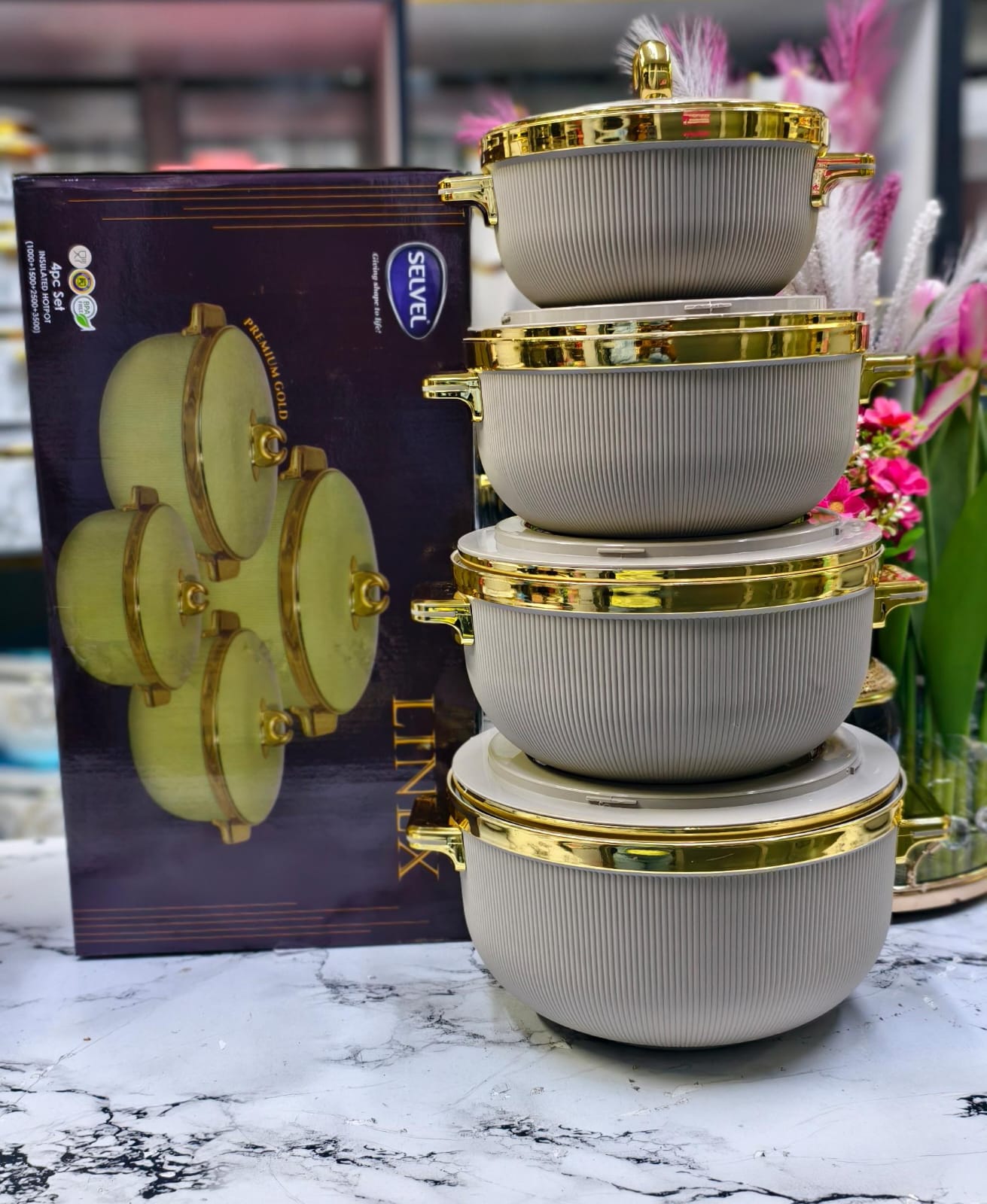 NEW ARRIVAL! Linex 4-Piece Insulated Hotpots with Gold Rim—Premium Double-Wall Thermal Cook & Serve Set | Keeps Food Warm, Stylish Design & Dishwasher-Safe ✨🍲
