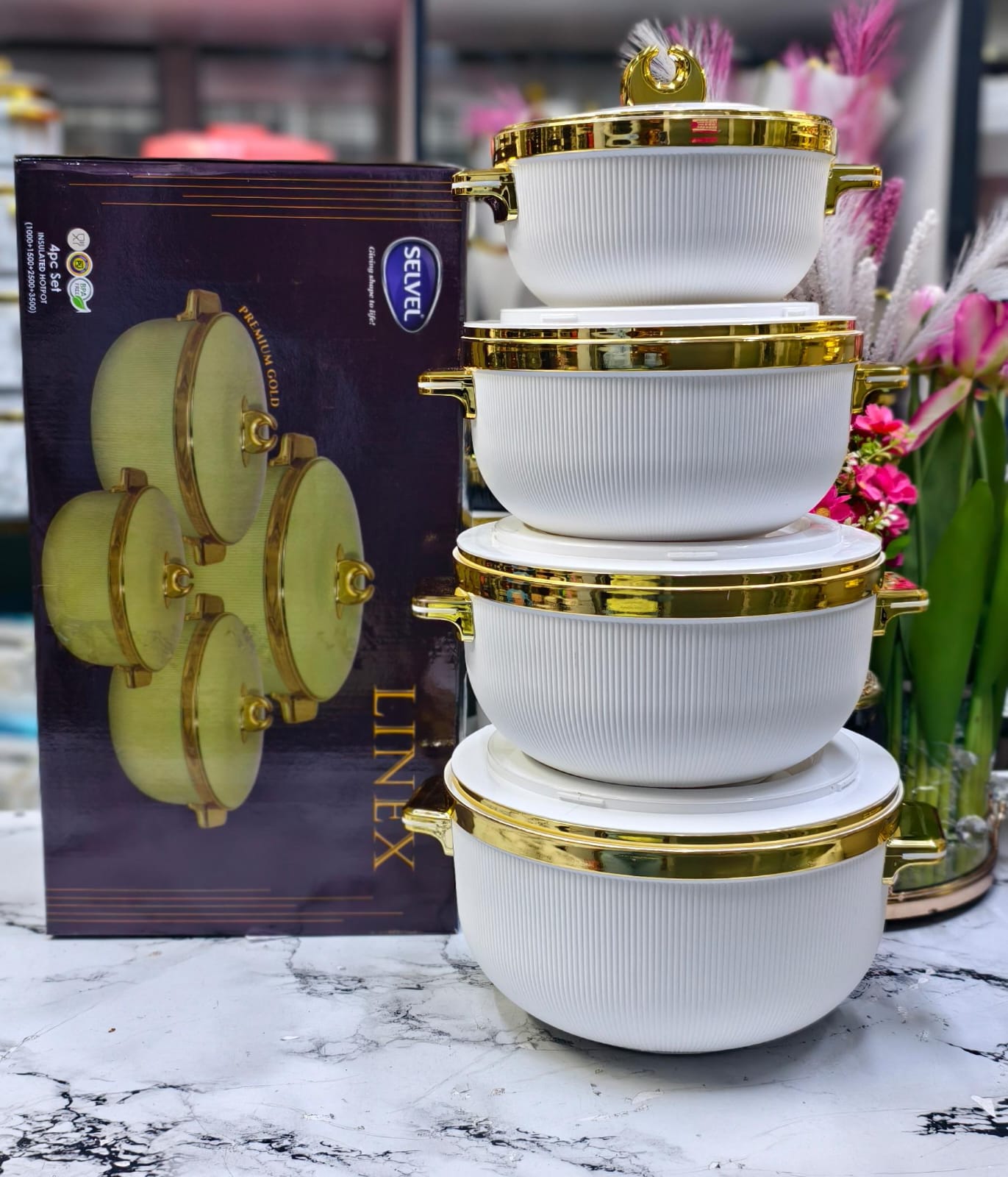 NEW ARRIVAL! Linex 4-Piece Insulated Hotpots with Gold Rim—Premium Double-Wall Thermal Cook & Serve Set | Keeps Food Warm, Stylish Design & Dishwasher-Safe ✨🍲