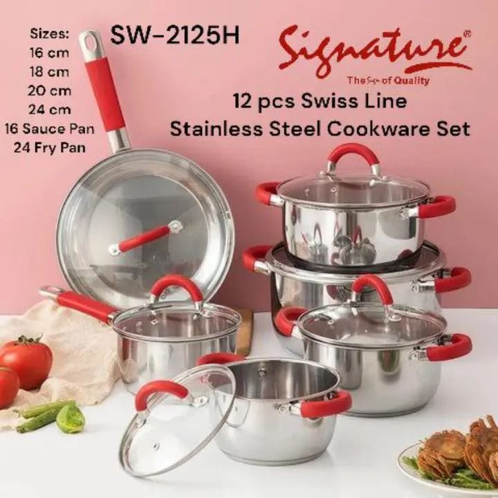 🍳 Signature Swiss Line SW-2125H 12PCS Stainless Steel Cookware Set – Glass Lids, Chrome Handles with Red Silicone Covers | Premium Durable Kitchen Set