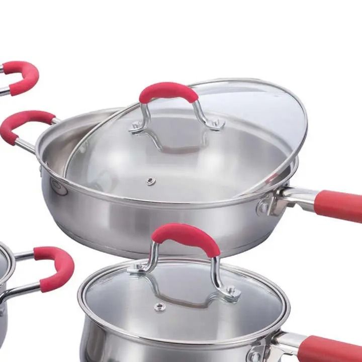 🍳 Signature Swiss Line SW-2125H 12PCS Stainless Steel Cookware Set – Glass Lids, Chrome Handles with Red Silicone Covers | Premium Durable Kitchen Set