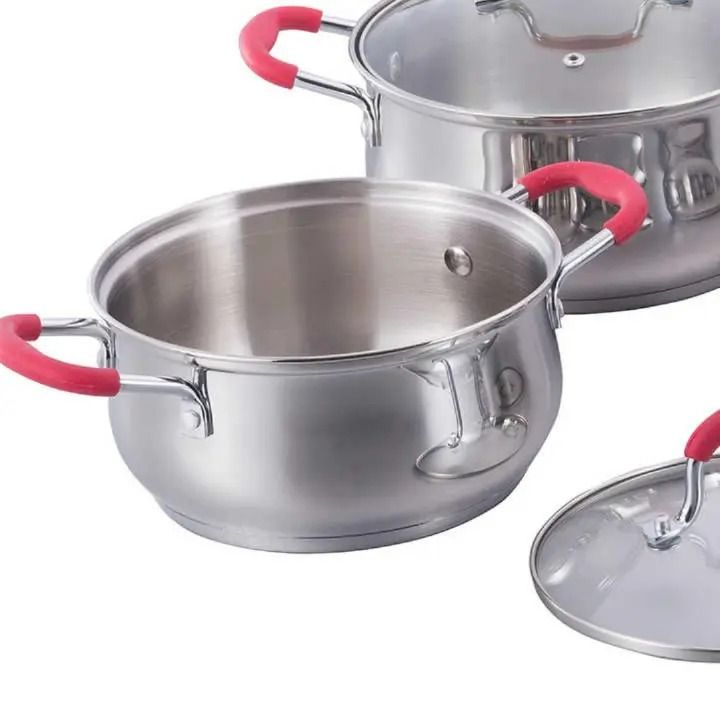 🍳 Signature Swiss Line SW-2125H 12PCS Stainless Steel Cookware Set – Glass Lids, Chrome Handles with Red Silicone Covers | Premium Durable Kitchen Set