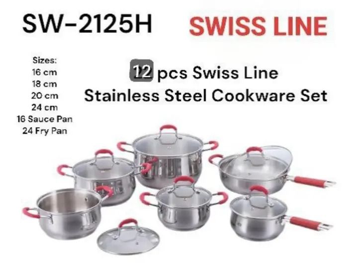 🍳 Signature Swiss Line SW-2125H 12PCS Stainless Steel Cookware Set – Glass Lids, Chrome Handles with Red Silicone Covers | Premium Durable Kitchen Set