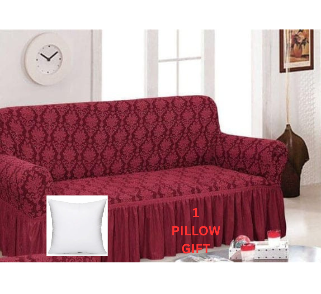 🛋️ 3 Seater Sofa Loose Cover maroon in colour – Premium Turkey Jaguar Material | Elegant Grey Design, Stretchable & Washable Furniture Protector + 1 FREE White Throw Pillows 🎁