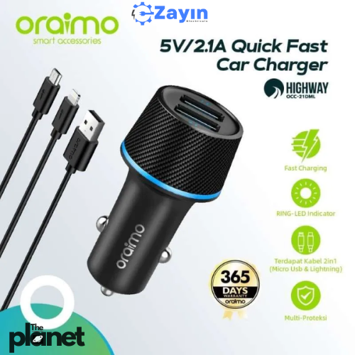 Oraimo Dual Port Fast Car Charger with Cable
Oraimo 2-in-1 USB Car Charger OCC-21DML
Oraimo Highway OCC-21DML Dual USB Charger
Car Charger Oraimo Lightning + Micro USB Cable
Oraimo Quick Charge