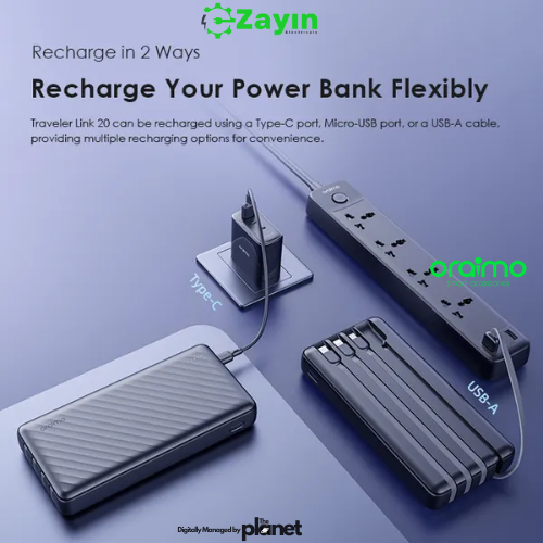 Oraimo 4-in-1 Cable Built-in Power Bank

Oraimo Traveler 20,000mAh OPB-P5201 Charger

Oraimo Fast Charging Power Bank with LED Display

Oraimo All-in-One Power Bank with Cables

Oraimo 20K Power Bank