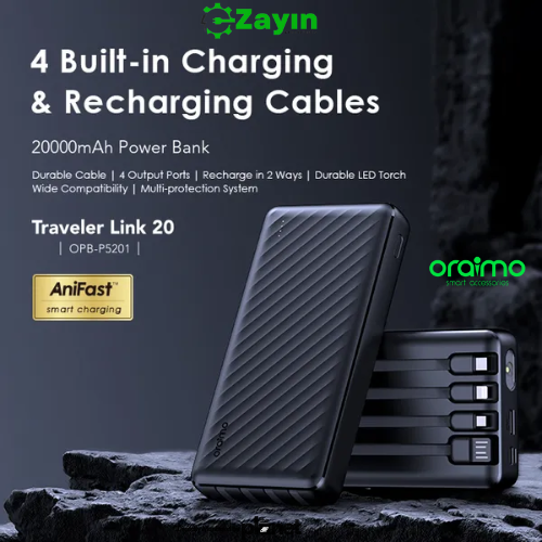Oraimo 4-in-1 Cable Built-in Power Bank

Oraimo Traveler 20,000mAh OPB-P5201 Charger

Oraimo Fast Charging Power Bank with LED Display

Oraimo All-in-One Power Bank with Cables

Oraimo 20K Power Bank