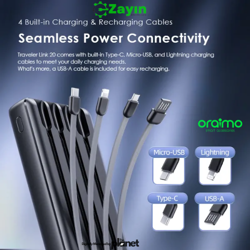 Oraimo 4-in-1 Cable Built-in Power Bank

Oraimo Traveler 20,000mAh OPB-P5201 Charger

Oraimo Fast Charging Power Bank with LED Display

Oraimo All-in-One Power Bank with Cables

Oraimo 20K Power Bank
