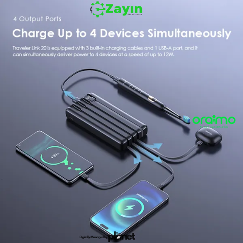 Oraimo 4-in-1 Cable Built-in Power Bank

Oraimo Traveler 20,000mAh OPB-P5201 Charger

Oraimo Fast Charging Power Bank with LED Display

Oraimo All-in-One Power Bank with Cables

Oraimo 20K Power Bank