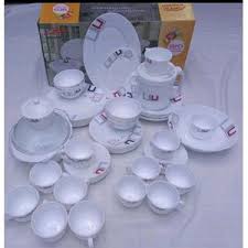 SUNDABEST 58 PCS CERAMIC DINNER SET - 20 plates 12 tea cups, 12 saucers, 1 soup bowl and 6 small bowls, 1 tea pot, 1 milk pot, 2 lids, 1 sugar dish and lid .