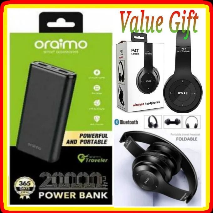 Oraimo PowerBank 20000mAh -Black+ P47 Wireless Headphones