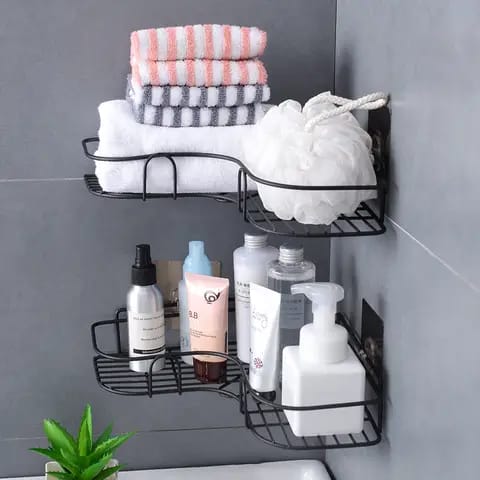 2pcs home bathroom organizer . made of a high quality stainless steel, that durability makes the Corner shelf is easy to sanitize, Strong adhesive ensure the bath shelf stable and can hold things .