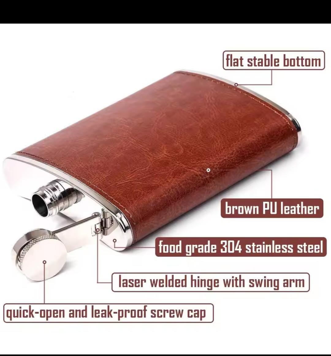 Stainless Leather Whisky/Whiskey Bottle Hip. 100 % LEAK PROOF TESTED - The Hip Flask are laser welded, air-pressured and quality controlled. Covered in the steel, not rusty, corrosion resistant.