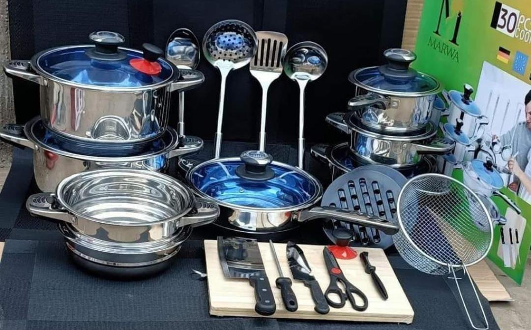 marwaa 30pcs cookware set  made from durable stainless steel cooking pots provides long-lasting superior .Non-stick performance. 
This 30 Pcs Stainless Steel Cookware Set Cooking Pot has different siz