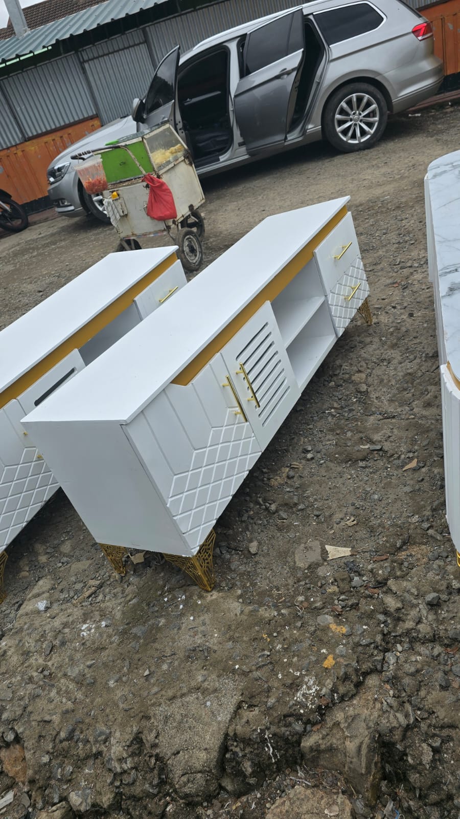 Elegant modern white/golden MDF board Tv stand . high quality particleboard, PVC edge banding protection, and environmentally safe materials on all of our products. Made with 3/4 inch thick top-qualit