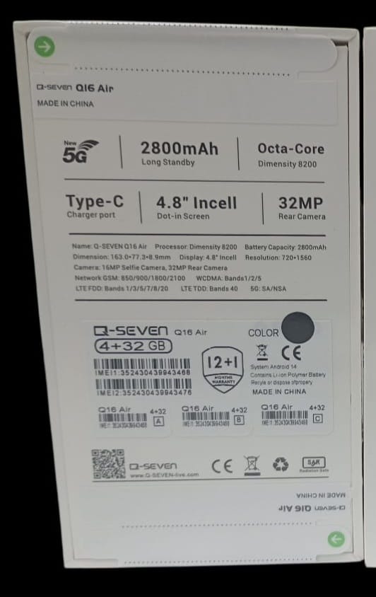 ON OFFER! NEW 5G ULTRA FAST INTERNET, Q SEVEN Q16 AIR, 4GB RAM +32 GB ROM, 2800mAh LONG STANDBY 16MP+32 MP CAMERA, 4.8'' INCELL Dot-in Screen display, TYPE C CHARGER PORT, DUAL SIM.