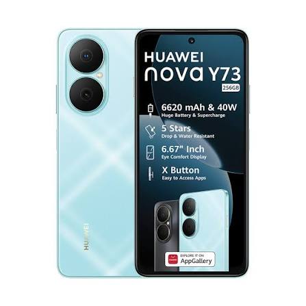 HUAWEI NOVA Y73, 8GB RAM + 256 GB ROM, WATER AND DUST RESISTANT, TURBO CHARGING, 6.67 DISPLAY, 6620mAh,50mp panorama hdr +8mp wide, SIDE FINGERPRINT , USES APP GALLERY.