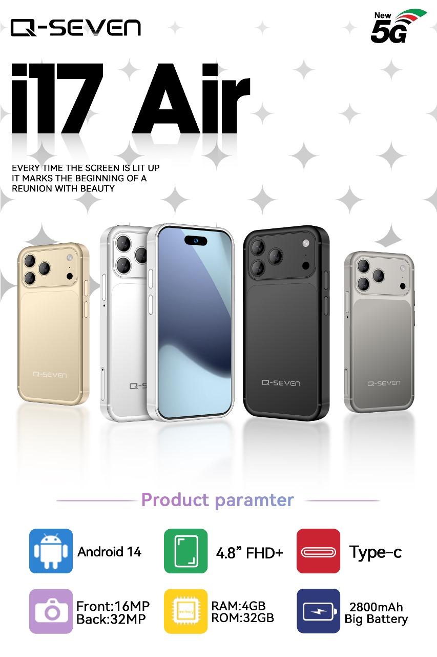 17 pro max mini, q seven brand, i17 air, 5G, 4GB RAM + 32GB ROM, 4.8'' FHD+, 16MP + 32 MP CAMERA, 2800mAh, TYPE C