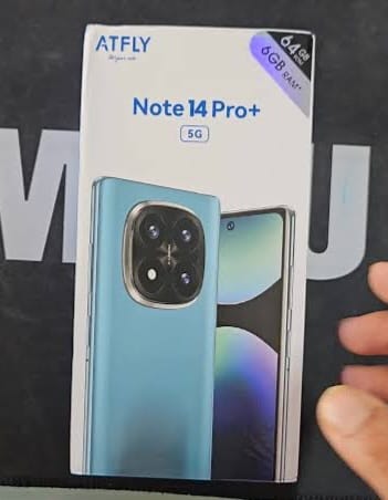New arrivals. ATFLY NOTE 14 PRO + 5G, STYLISH LOOK, 6GB RAM +64GB ROM, CURVED SCREEN, 6.8 Incell curved screen DISPLAY, 5500MAH, 5MP+20MP CAMERA.