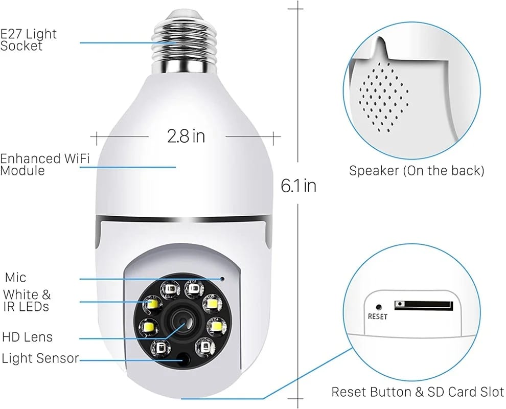 LIMITED OFFER!! CALUS E27 PRO SMART WIFI BULB CAMERA, HD 1080p,NIGHT VISION, MOTION SENSOR, TWO WAY AUDIO, EASY INSTALLATION SD CARD SLOT. WIRELESS VIEW REALTIME OR VIDEO STORED ON THE SD CARD.OR BOTH