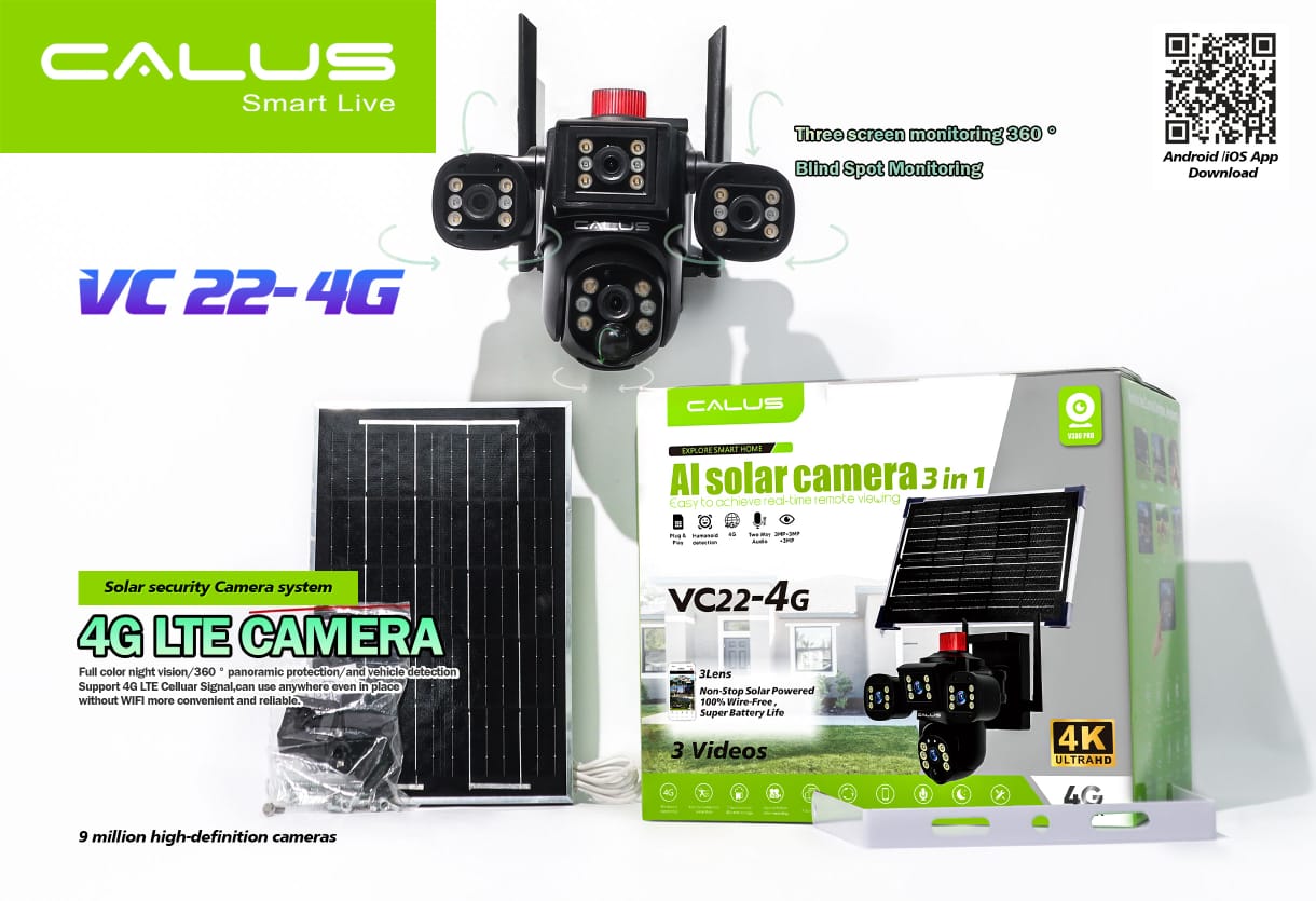 CALUS VC22-4G, AI solar camera, 4K ULTRA HD,3MP IN ALL THE 3 LENSES, motion detection, night vision, ip66 water proof, two way audio, cloud storage. Built in batteries SOLAR RECHARGEABLE, WIRELESS.